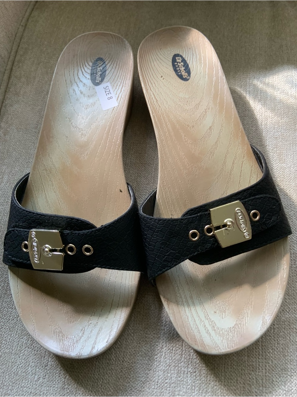 Dr. Scholl's Black Slide Mules with Gold Buckle